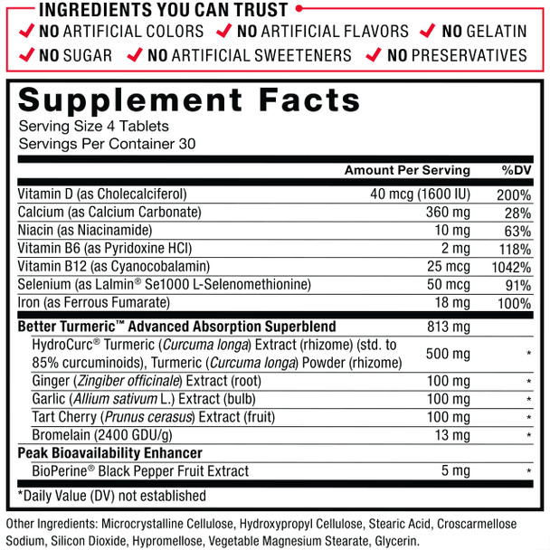 Force Factor Better Turmeric Joint Support Supplement Featuring HydroCurc Turmeric Curcumin with Black  for Superior Absorption, Clinical Strength Joint Support, 120 Tablets, White Packaging