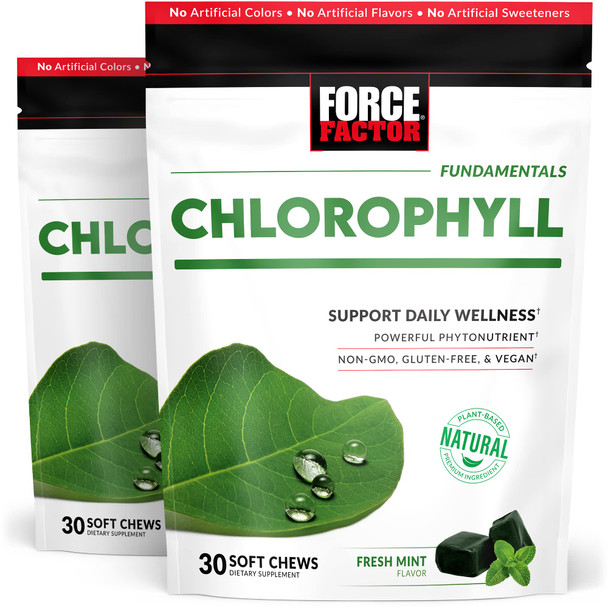 Force Factor Chlorophyll Soft Chews Antioxidants Supplement to Reduce Body Odor, Promote Fresh Breath, and Nourish Healthy Skin, Non-GMO, Gluten-Free, and Vegan, Fresh Mint Flavor, 60 Soft Chews