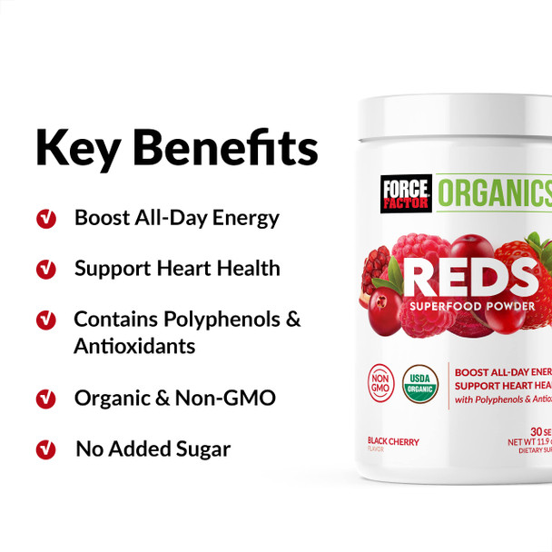 Force Factor Organics Reds Superfood Powder to Boost All-Day Energy & Increase Stamina, Energy Supplement with Beet Root Powder, Chaga, Cordyceps, & Reishi, Vegan & Non-GMO, Black Cherry, 30 Servings