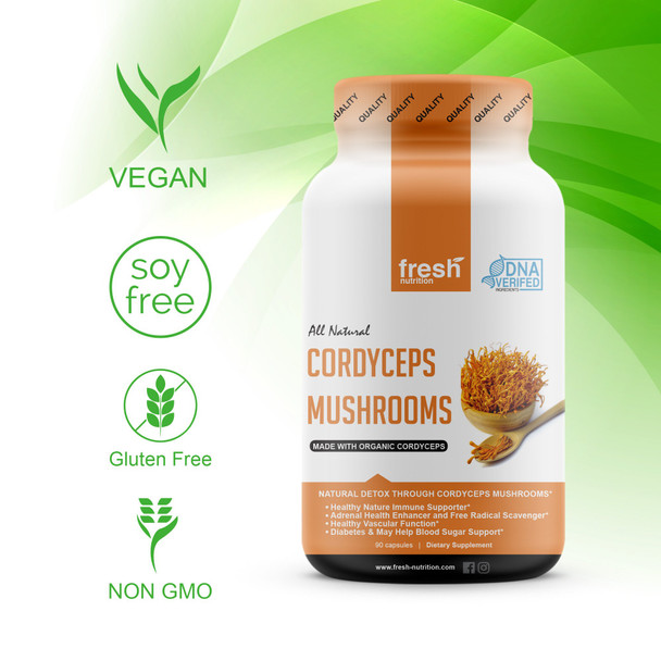 Organic Cordyceps Mushrooms - Strongest DNA Verified 1500mg  - Rich in Alpha Glucan - Vegan Friendly, Non GMO,  - Third Party Tested