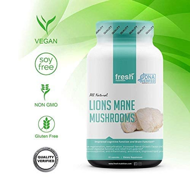 Organic Lions Mane Mushroom Capsules - Strongest DNA Verified Formula - Rich in Alpha Glucan - Powerful Superfood Supplement - Vegan Friendly, Non GMO,