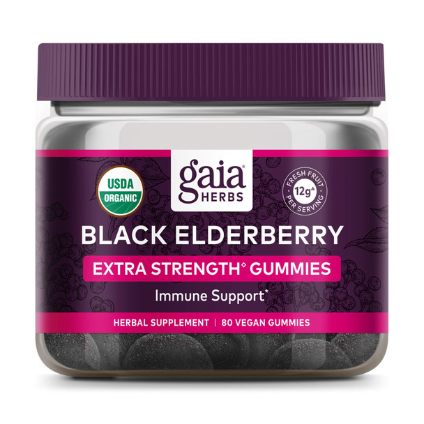 Gaia Herbs Black Elderberry (Sambucus Nigra) Extra Strength Gummies - Delicious Immune Support Supplement - Made with Certified Organic Black Elderberries for Immune System Support - 80 Gummies