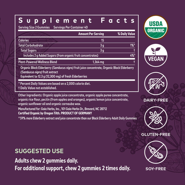 Gaia Herbs Black Elderberry (Sambucus Nigra) Extra Strength Gummies - Delicious Immune Support Supplement - Made with Certified Organic Black Elderberries for Immune System Support - 80 Gummies