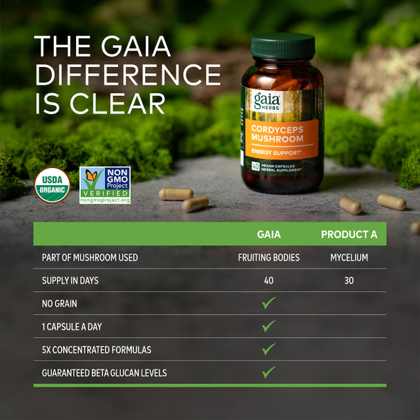 Gaia Herbs Cordyceps Mushroom - Energy Support Supplement for Sustaining Energy, Endurance, and Stamina - with Organic Cordyceps Mushroom - 40 Vegan Liquid Phyto-Capsules (40-Day Supply)