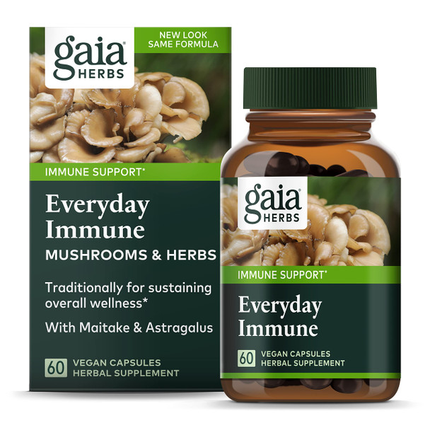 Gaia Herbs Everyday Immune Mushrooms&Herbs-Immune Support Supplement to Help Aid Overall Wellness* -with Turmeric Curcumin, Astragalus, Cordyceps, and Chaga Mushrooms-60 Vegan Capsules(30-Day Supply)