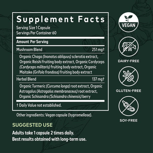 Gaia Herbs Everyday Immune Mushrooms&Herbs-Immune Support Supplement to Help Aid Overall Wellness* -with Turmeric Curcumin, Astragalus, Cordyceps, and Chaga Mushrooms-60 Vegan Capsules(30-Day Supply)