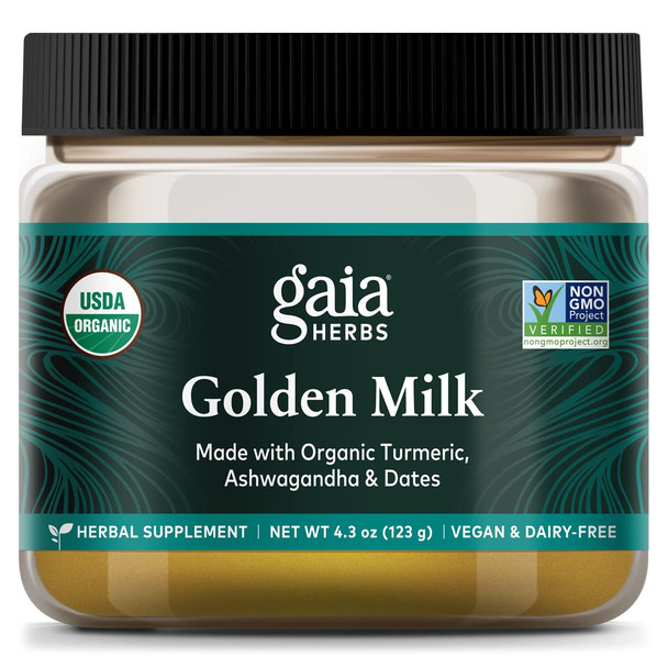 Gaia Herbs Golden Milk Supplement Powder - Made with Organic Turmeric Curcumin, Black , Ashwagan, Dates, , and Vanilla for an Ayurvedic Cup of  Calm - 4.3 Oz (35-Day Supply)
