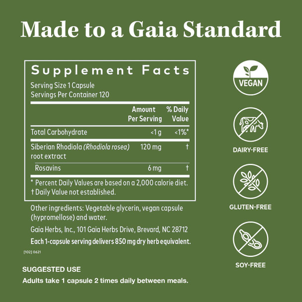 Gaia Herbs Rhodiola Rosea -  Support Supplement Traditionally for Supporting Healthy Stamina and Endurance - With Siberian Rhodiola Root Extract - 120 Vegan Liquid Phyto-Capsules (60-Day Supply)