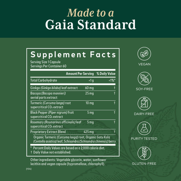 Gaia PRO Brain Daily NF-kB Formula - Brain Supplement for Memory - with Bacopa, Ginkgo, Gotu Kola, Rosemary, Schisandra, Organic Turmeric, Black  - 60 Vegan Liquid Phyto-Capsules (60 Servings)