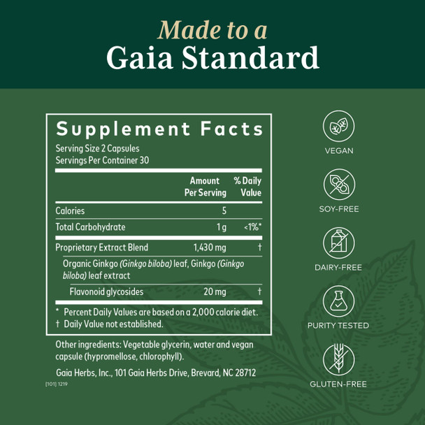 Gaia PRO Ginkgo -  Circulation & Brain Supplement - Cognitive Supplement for Brain - with Organic Ginkgo Leaf & Ginkgo Leaf Extract - 60 Vegan Liquid Phyto-Capsules (30 Servings)