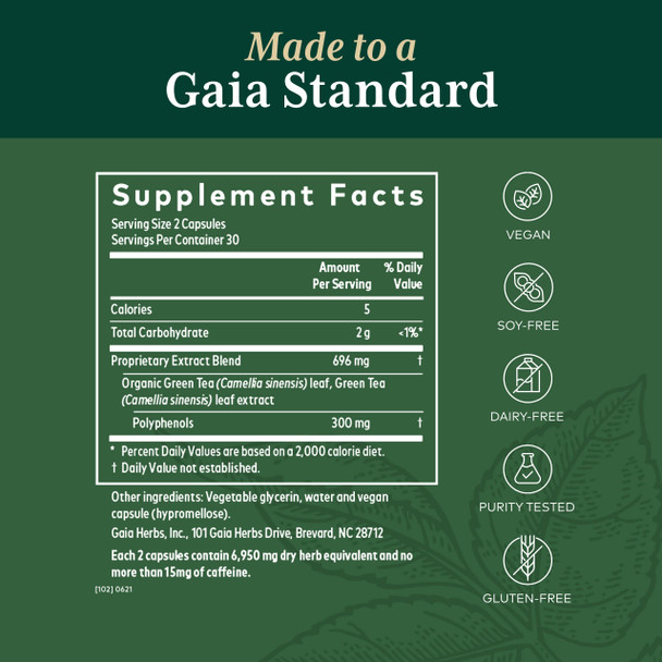 Gaia PRO Green Tea - Green Tea Herbal Supplement - with Organic Green Tea Leaf and Extract - 60 Vegan Liquid Phyto-Capsules (30 Servings)