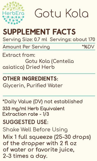 Gotu Kola B120 Tincture Alcohol-Free Herbal Extract, Concentrated Liquid Drops Natural Gotu Kola (Centella Asiatica) 4 fl oz