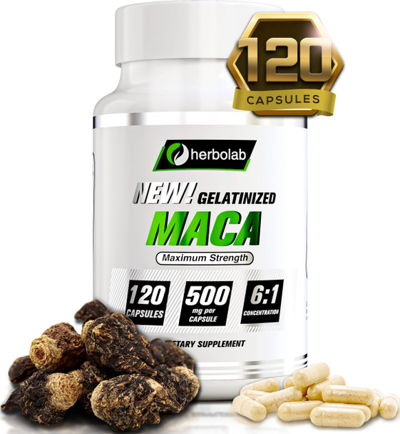 Black Maca Root Capsules Pure Organic Concentrate 6:1, Black & Purple Low-Temp Gelatinized Maca Root Powder 100% Vegan, 120x500mg, Potent Energizer (AKA Lepidium meyenii, Peruvian Ginseng)