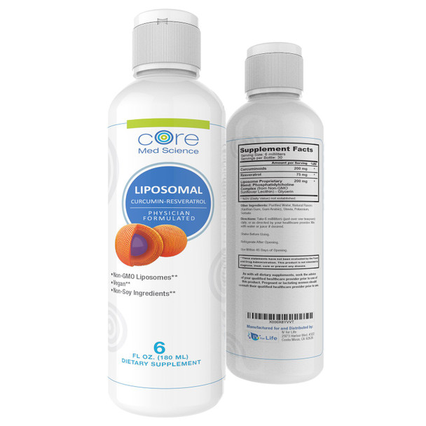 Liposomal Curcumin Resveratrol by Core Med Science - 200mg Curcumin and 75mg Resveratrol - 6 Fl Oz Liquid - High Absorption Curcumin Supplement