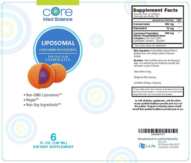 Liposomal Curcumin Resveratrol by Core Med Science - 200mg Curcumin and 75mg Resveratrol - 6 Fl Oz Liquid - High Absorption Curcumin Supplement