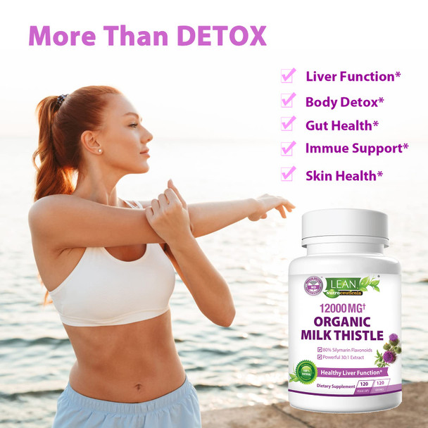 Liver Cleanse Detox & Repair, Organic Milk Thistle 12000 Mg 120 Day Support Supplement, 30X Seed Extract with Silymarin Pills, MD Pure Herbal Kidney Lung Health Fast Active Aid Formula 120 Capsules