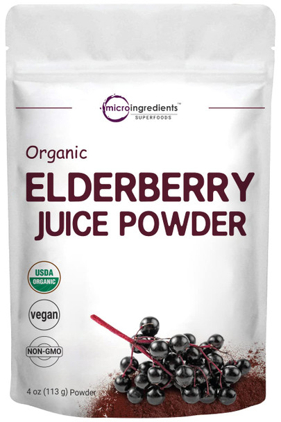 Micro Ingredients Organic European Black Elderberry Juice Powder, 4 Ounce, Cold Pressed, Flash Pasteurized for , Supports Immune System, Energy and Vascular Health, No GMOs, Vegan Friendly