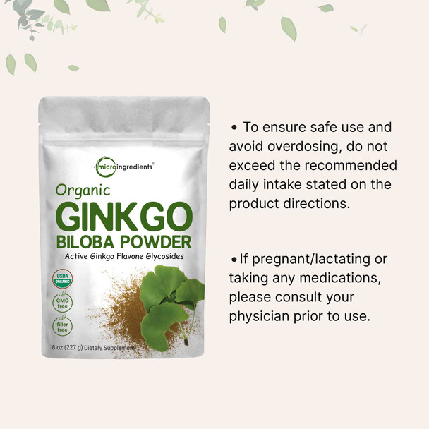 Micro Ingredients Raw Organic Ginkgo Biloba Powder, 8 Ounce (18 Months Supply), Filler Free, Supports Brain Function and Mental Alertness, No GMOs and Vegan Friendly