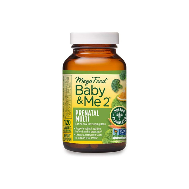 MegaFood Baby & Me 2 Prenatal Vitamins - Postnatal and Prenatal Multivitamin for Women with Biotin, Folic Acid, Choline, and More - Non-GMO - 120 Tablets