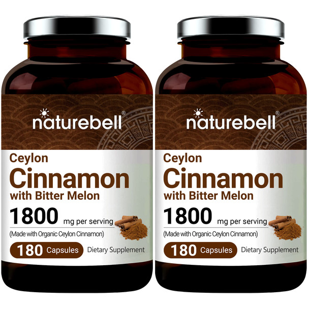 Naturebell 2 Pack Ceylon Cinnamon 1200Mg , 360 Capsules, Made With Organic Ceylon Cinnamon Plus Bitter Melon, Non-Gmo