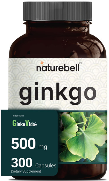 Naturebell Ginkgo Biloba Extract 500mg , 300 Capsules | GinkoVida | Extra Strength Ginko Biloba Supplement - Promote Memory, Focus and Brain Health