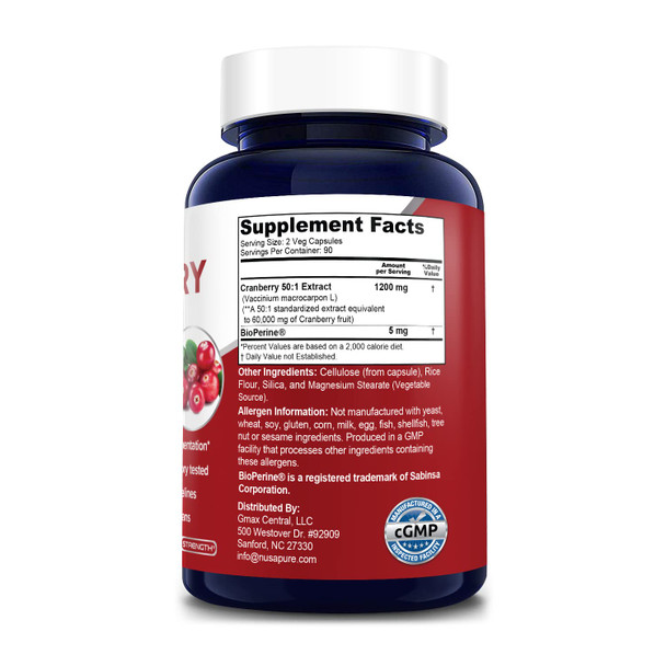 Cranberry 180 Veg Caps 60,000 mg | with 2.5 mg Bioperine | Non-GMO,