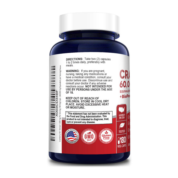 Cranberry 180 Veg Caps 60,000 mg | with 2.5 mg Bioperine | Non-GMO,
