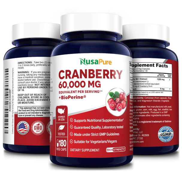Cranberry 180 Veg Caps 60,000 mg | with 2.5 mg Bioperine | Non-GMO,
