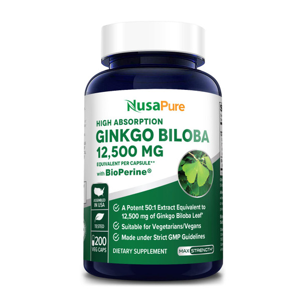 NusaPure Ginkgo Biloba Extract 12,500mg Equivalent Per Veggie Caps 200 Capsules (Vegetarian,Non-GMO,  & Extract 50:1). Bioperine