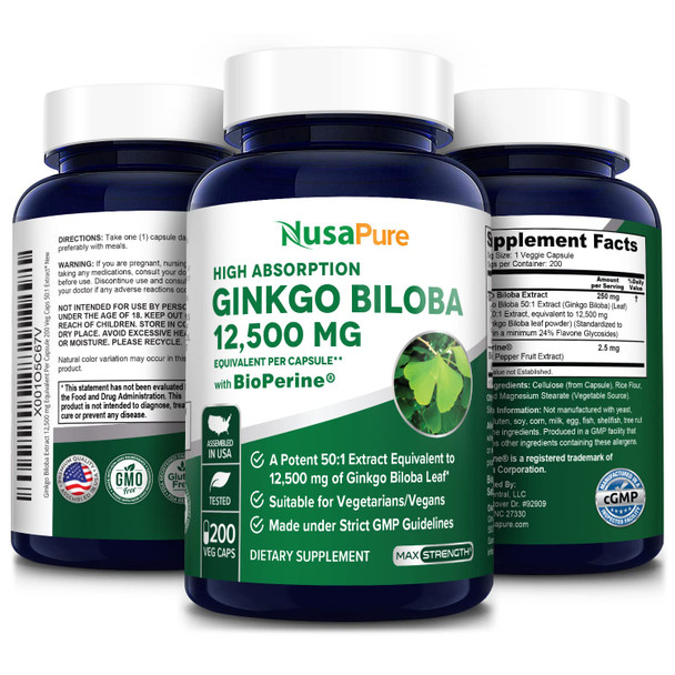 NusaPure Ginkgo Biloba Extract 12,500mg Equivalent Per Veggie Caps 200 Capsules (Vegetarian,Non-GMO,  & Extract 50:1). Bioperine