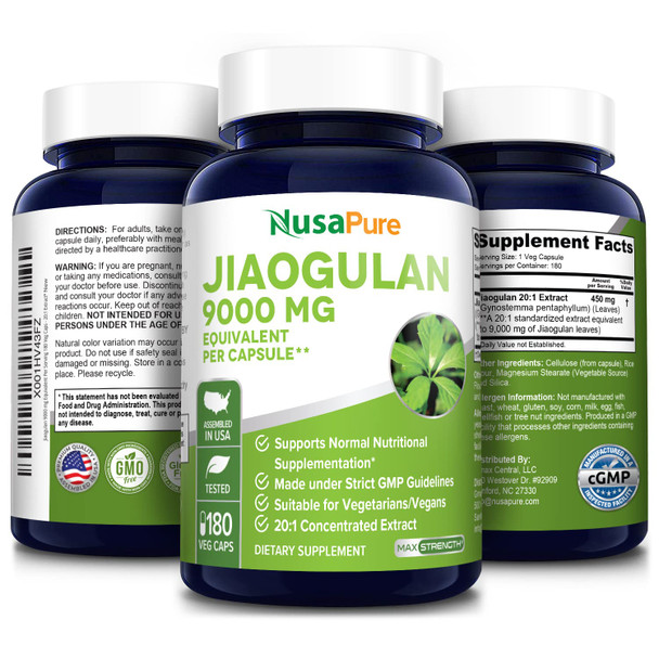 NusaPure Jiaogulan 9000 mg 180 Veggie Capsules (Extract 20:1, Vegetarian, Non-GMO & Gluten-Free) Gynostemma Pentaphyllum