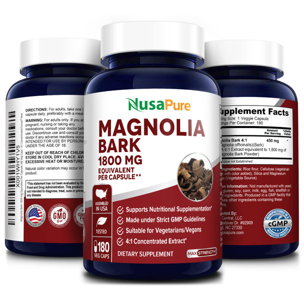 NusaPure Magnolia Bark 1800 mg 180 Vegetarian Caps (Non-GMO, Extract 4:1 & Gluten-Free)