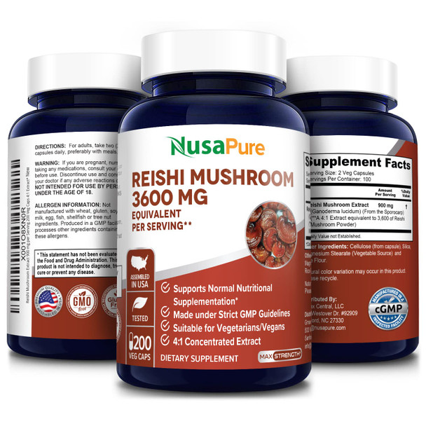 NusaPure Reishi Mushroom Extract 3600 mg Equivalent  200 Veggie Caps (Vegan, Non-GMO & Gluten-Free)