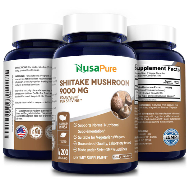 NusaPure Shiitake Mushroom Extract 9000mg 200 Veggie Capsules (Non-GMO & Gluten-Free)