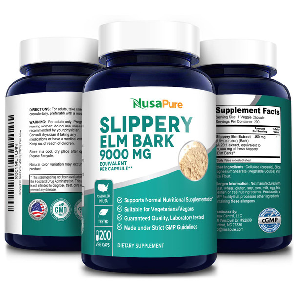 NusaPure Slippery Elm Bark Extract 9000 mg 200 Veggie Capsules (Extract 20:1, Non-GMO & )