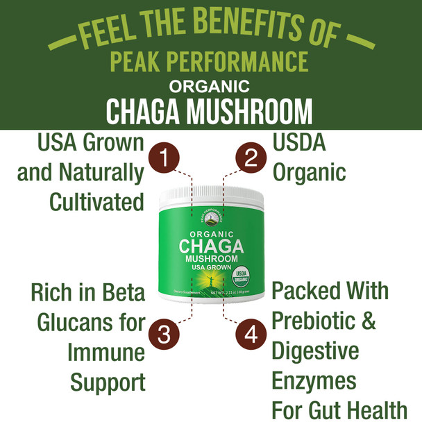 Chaga Mushroom Powder - USA Grown Made With Real Organic Chaga Chunks. Support Aging, Energy, Digestion. Vegan Bulk Chaga Mushrooms Powder. Ground Chaga Powder Extract. Mix With Tea & Coffee
