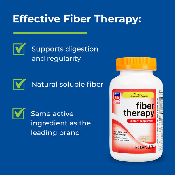 Rite Aid Fiber Therapy, Psyllium Husk Fiber Capsules, 0.52g - 320 Count | Constipation Relief | 100%  Psyllium Husk Fiber | Helps Restore Regularity | Promotes Heart & Digestive Health