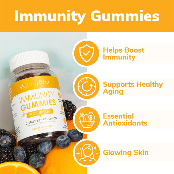 SkinnyFit Immunity Gummies w/Vitamin C, Zinc, & Elderberry, Helps Boost Immunity, Healthy Aging, Antioxidant Support, Vegan-Friendly, 60 Count