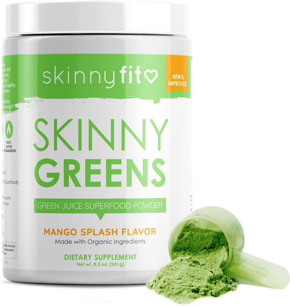 SkinnyFit Mango Splash Skinny Greens, Green Juice Superfood Powder, Natural Energy & Focus, Reduce Bloating, Helps Reduce Inflammation, Spirulina, Chlorella, 30 Servings
