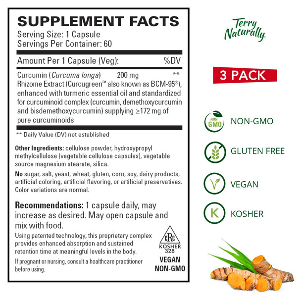 Terry ly CuraMed 200 mg (3 Pack) - 60 Vegan Capsules - Superior Absorption BCM-95 Curcumin Supplement, Promotes Healthy Inflammation Response - Non-GMO, Gluten-Free, Kosher - 180 Servings