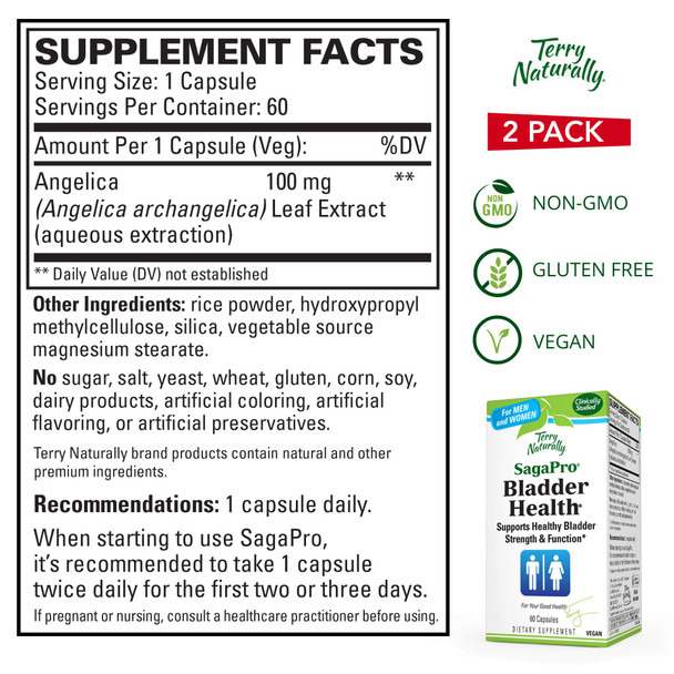 Terry ly SagaPro Bladder Health - 60 Capsules, Pack of 2 - 100 mg Angelica Archangelica - Bladder Strength & Function Support for Men & Women - Non-GMO,  - 120 Total Servings