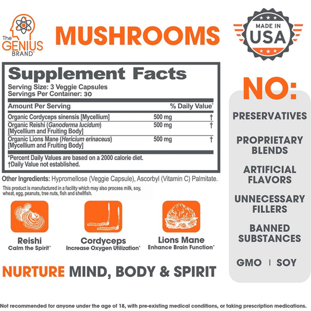 Genius Mushroom - Lions Mane, Cordyceps and Reishi - Immune System Booster & Nootropic Brain Supplement - for  Energy, Memory & Liver Support, 90 Veggie Pills