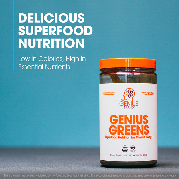 Genius Super Greens Superfood Powder, Nootropic Supplement - Organic Spirulina Powder with Lions Mane, Kale, Spinach & Antioxidants - Juice & Smoothie Mix for Energy, Immunity & Gut Health