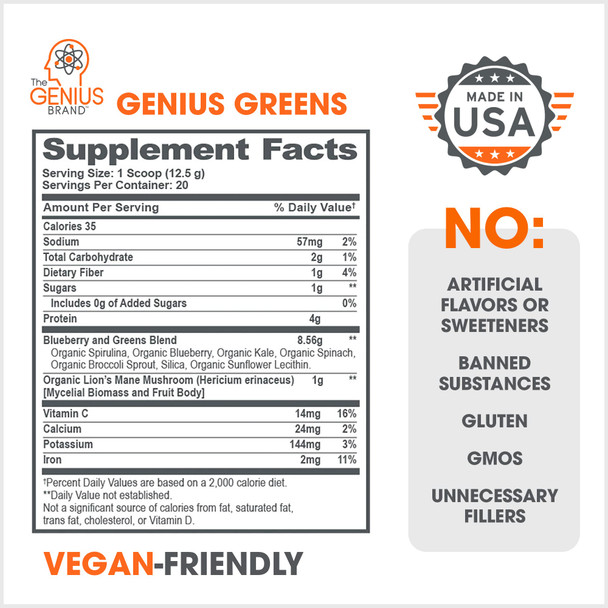 Genius Super Greens Superfood Powder, Nootropic Supplement - Organic Spirulina Powder with Lions Mane, Kale, Spinach & Antioxidants - Juice & Smoothie Mix for Energy, Immunity & Gut Health