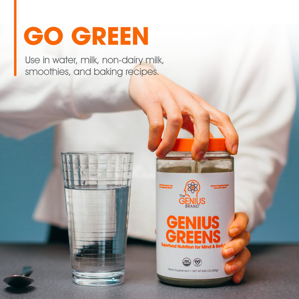 Genius Super Greens Superfood Powder, Nootropic Supplement - Organic Spirulina Powder with Lions Mane, Kale, Spinach & Antioxidants - Juice & Smoothie Mix for Energy, Immunity & Gut Health