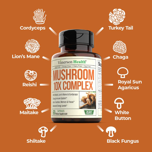 10X Mushrooms Supplement Complex - Nootropic and Immune Support for Brain, Cognition, Memory, Focus and Mental Clarity. With Lions Mane, Reishi Extract, Chaga, Turkey Tail, Black Fungus & More