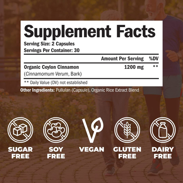 Organic Ceylon Cinnamon - Herbal Dietary Supplement for Heart, Brain & Digestive Health - Metabolism & Antioxidant Support. Gluten & GMO Free. 60 Vegan Capsules