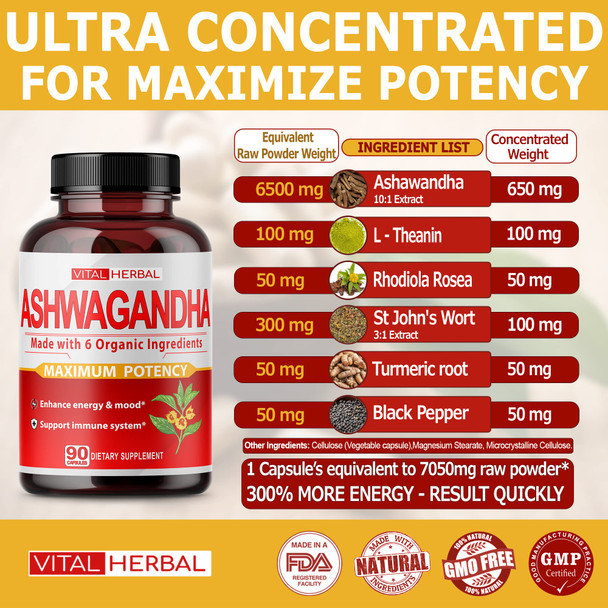 Organic Ashwagan Capsules Equivalent to 7050mg - Maximum Potency with L-Theanine Turmeric Rhodiola St. John's Wort Increase Strength Focus Mood Sleep Support - 90 Days Supply