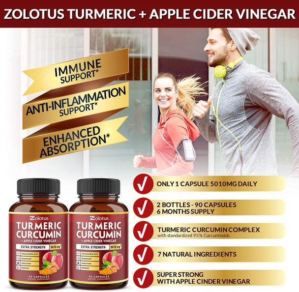 2packs 7 in 1 Turmeric Curcumin + Apple Cinder Vinegar Capsules, Equivalent to 5010mg, 6 Month Supply with Ashwagandha, Ginger, Garlic Bulb, 95% Standardized Curcuminoids, Joint & Absorption Support