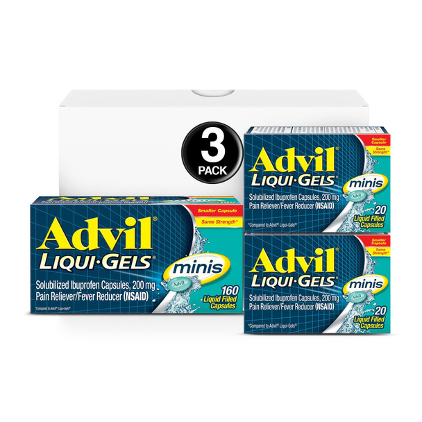 Liqui-Gels Minis (160 Count, 20 Count, 20 Count) Home & Away Pack, Pain Reliever/Fever Reducer Liquid Filled Capsule, 200Mg , Easy To Swallow, Temporary Pain Relief,1 Set